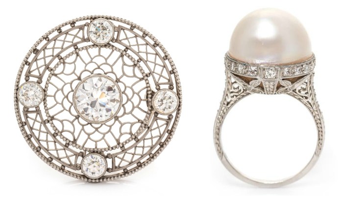 Two stunning Edwardian pieces of jewelry! A diamond and platinum brooch and a pearl ring.