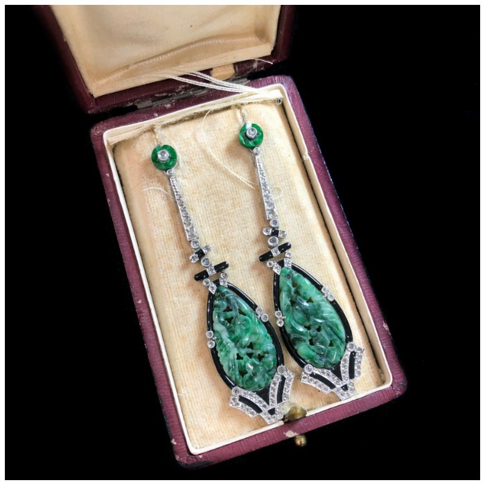 An incredible pair of Art Deco era jade earrings with diamonds and onyx. From Pam Benson at the Miami Antique Show.