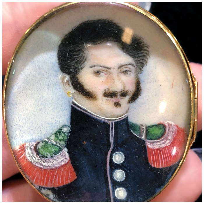 Detail view of an early Victorian ivory portrait locket from 1840. The back says 'Bernadotte.' At The Spare Room Antiques.