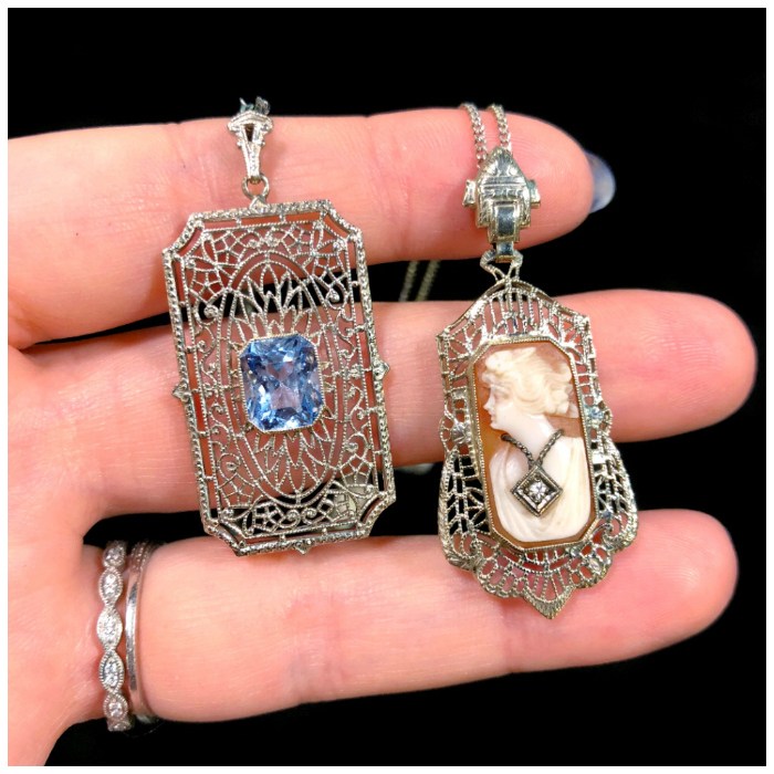 Two beautiful antique necklaces from The Gold Hatpin, one sapphire and one cameo.