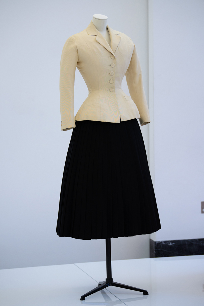 Christian Dior (1905-57), Bar Suit, Haute Couture, Spring/Summer 1947, Carolle Line on display at a press conference for the Christian Dior: 'Designer Of Dreams' exhibition at Victoria and Albert Museum