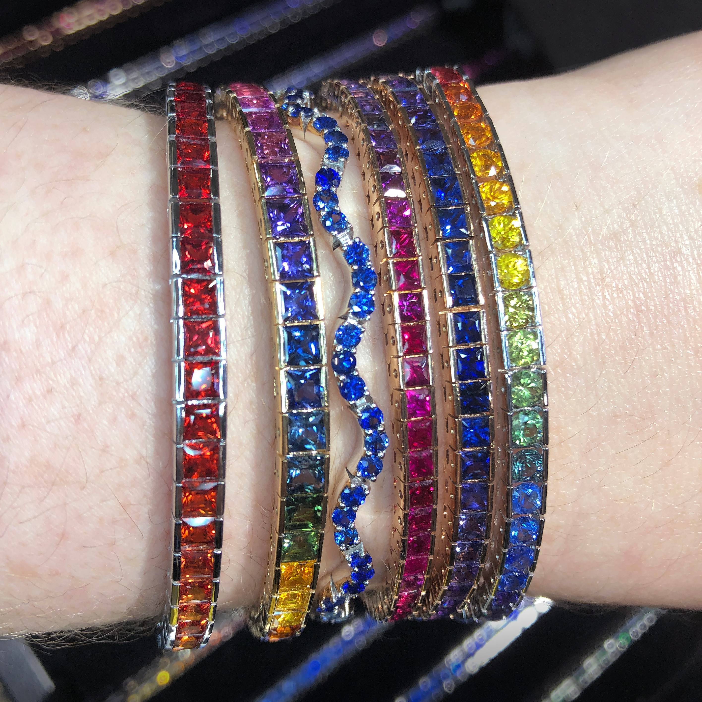 A stack of colorful sapphire bracelets from Michael Couch! Spotted at the 2019 AGTA Gem Fair.