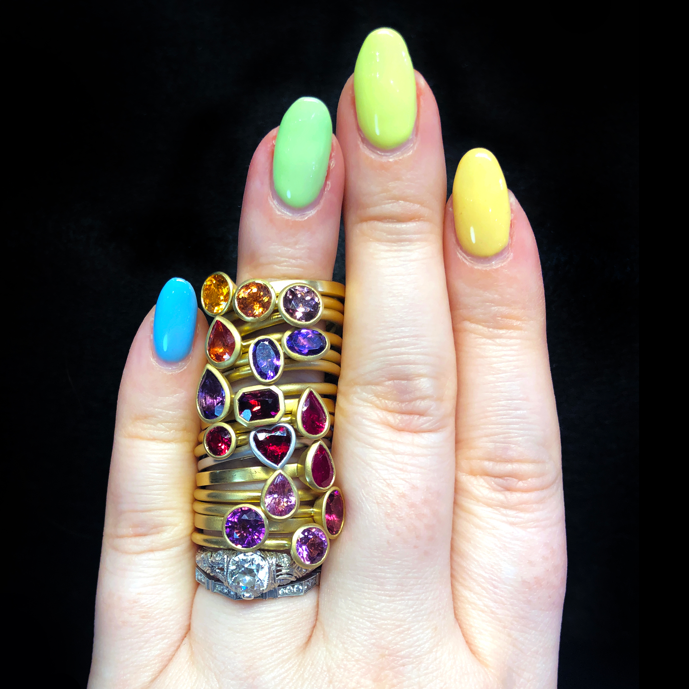 Beautiful colored gemstone rings in gold from Kimberly Collins Colored Gems.