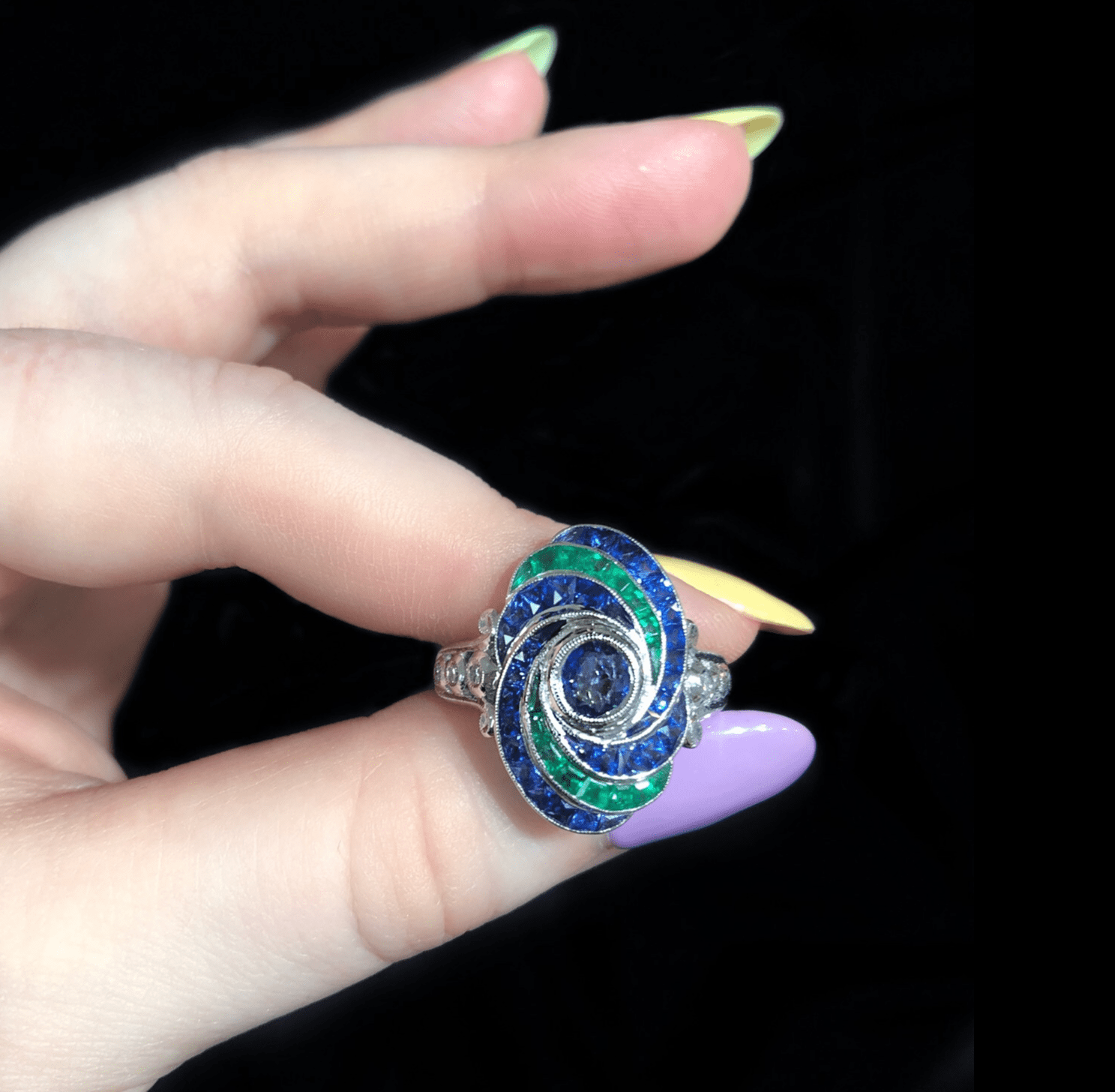 I love this emerald and sapphire ring from Beverley K! .