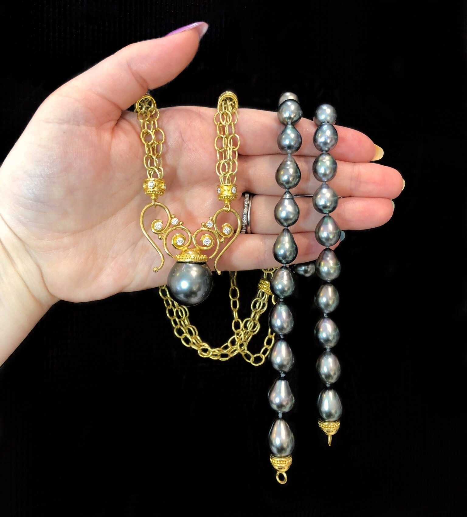 Two glorious 22K yellow gold and Tahitian pearl necklaces by Valerie Naifeh!