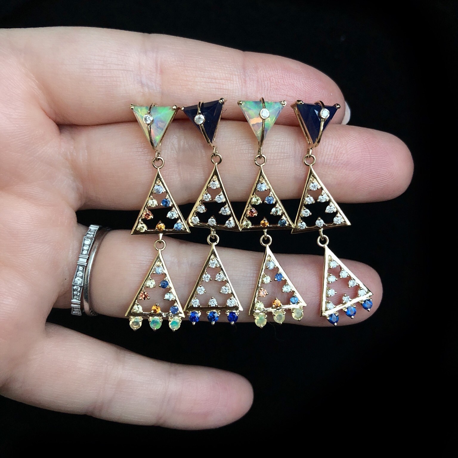 I love these earrings from Loriann Jewelry's Moderne Collection! Opals, diamonds, lapis, and colorful sapphires. .