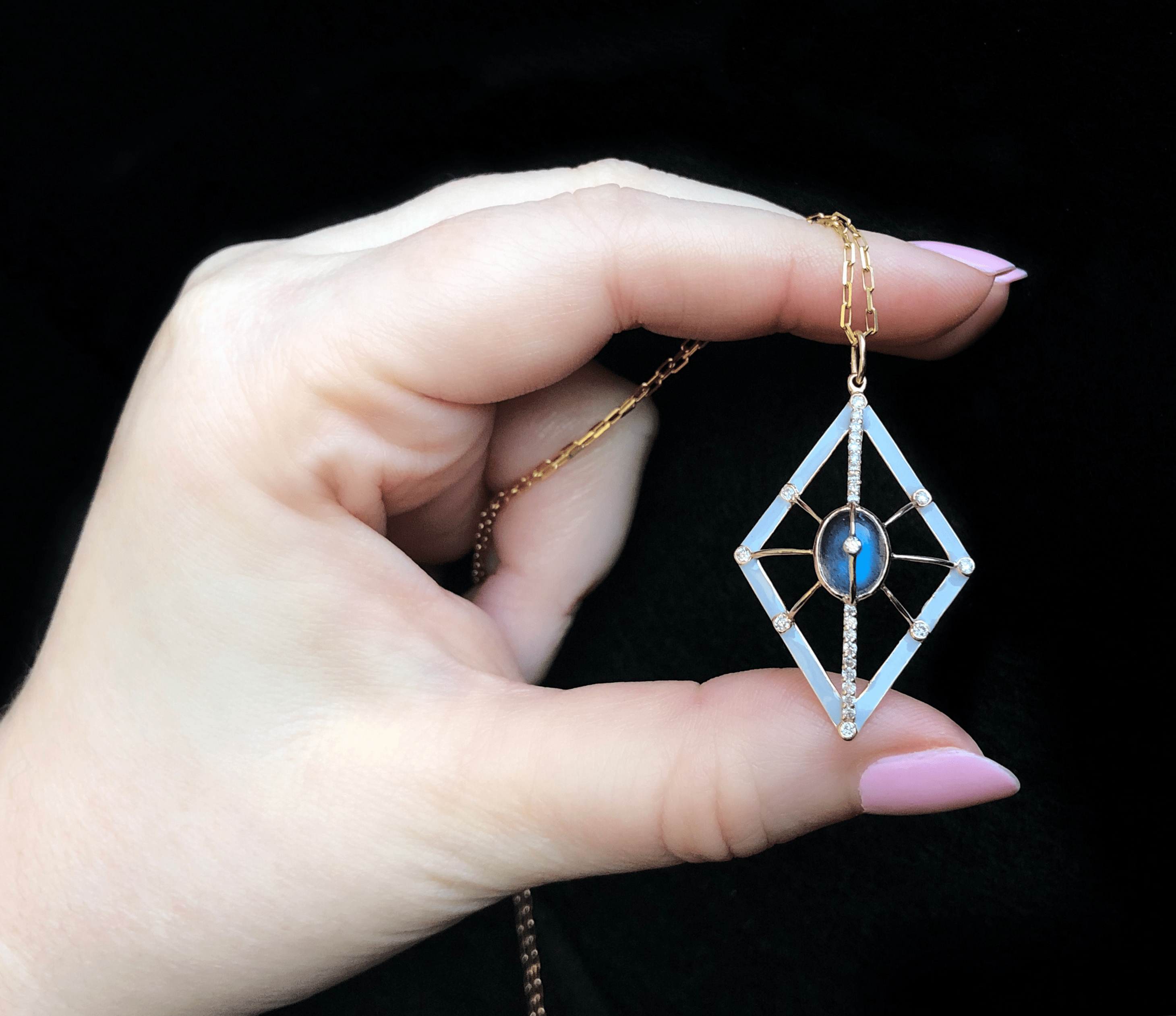 This pendant is so pretty! Necklace from Loriann Jewelry's Galaxy collection, with diamonds, labradorite, and enamel.