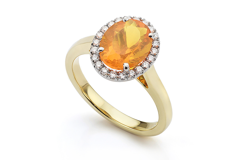 Orange Fire Opal and diamond halo ring in 18ct Yellow Gold