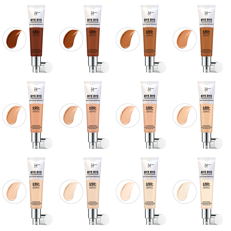 The shade range and swatches of It Cosmetics Bye Bye Foundation (Photos: Courtesy of It Cosmetics. Graphic: Yahoo Lifestyle)
