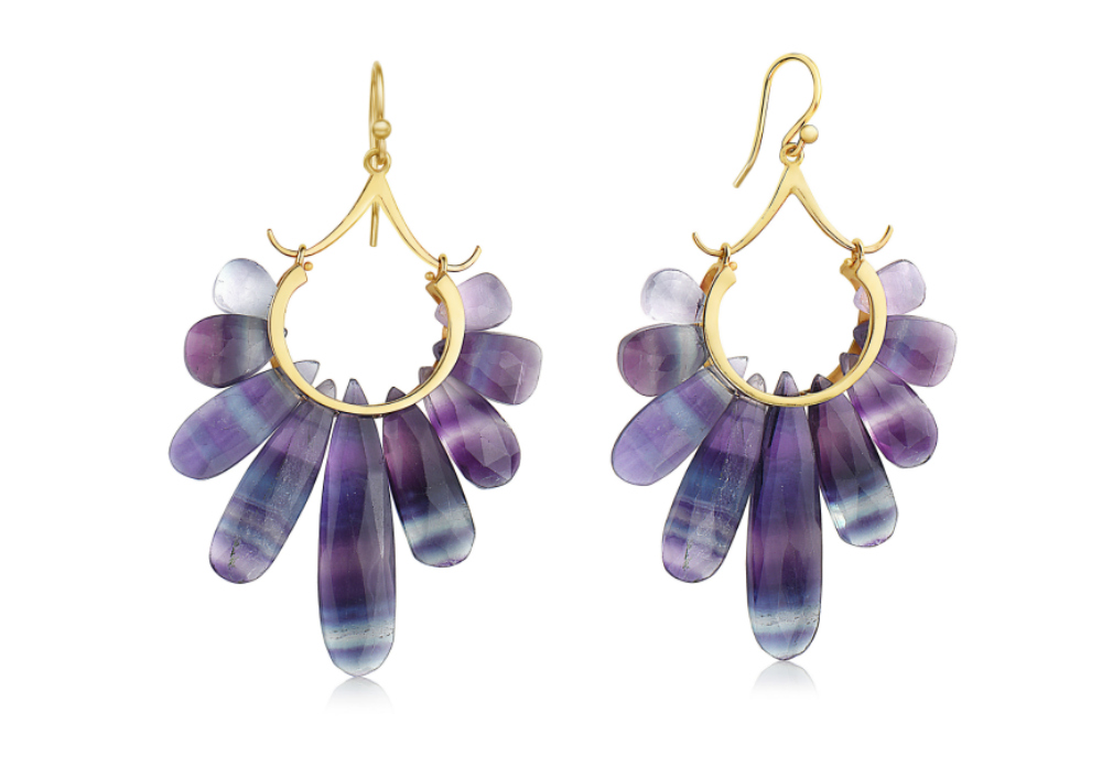 Flourite and gold earrings from the Rachel Atherley Peacock collection.