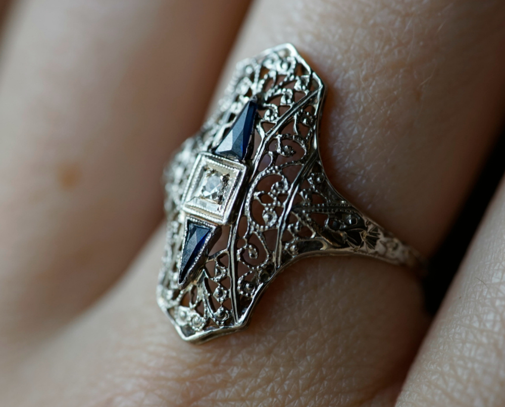 Art Deco era ring with synthetic sapphires and a diamond. Circa 1920's. From my personal jewelry collection, now for sale. 