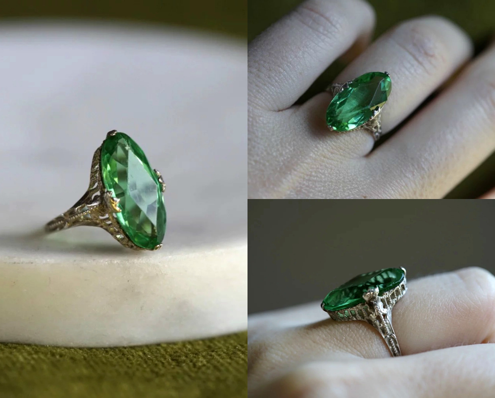 I love the filigree details on this beautiful vintage ring! Art Deco era, with green glass. For sale at Stay Gold.