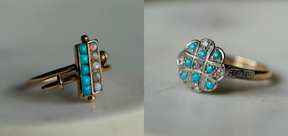 Two antique turquoise rings from my personal jewelry collection, now for sale. One with diamonds, one with opals.