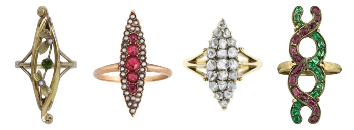Four antique rings from sellers on Ruby Lane. I love this elongated navette shape!