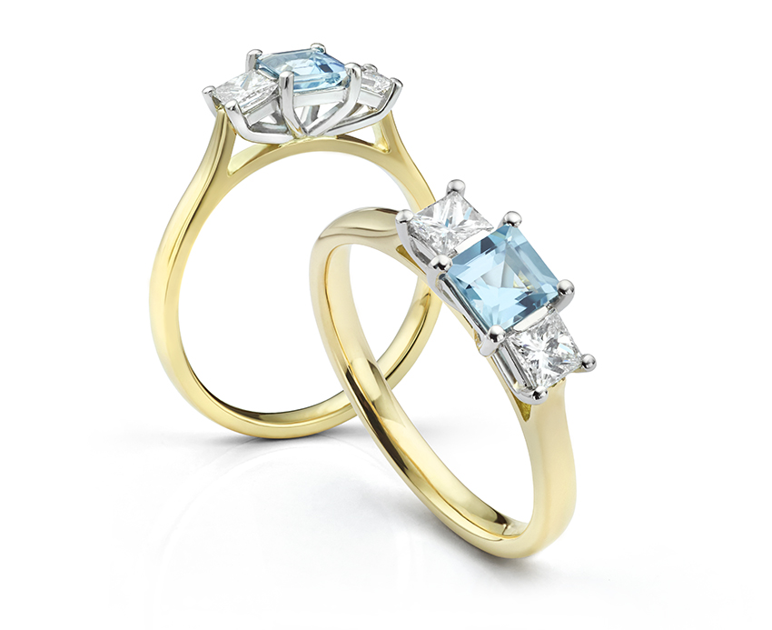 Square Aquamarine and Princess cut 3 stone diamond ring