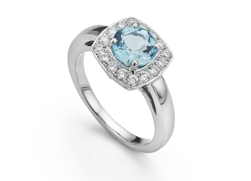 Aquamarine halo engagement ring