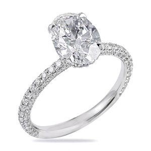 RS-292 Oval Diamond Engagement Ring White Gold Three Row Pave Diamond Band
