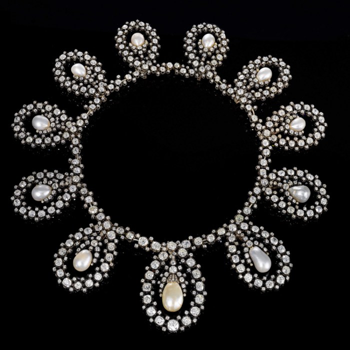 Necklace form of a royal tiara from the second half of the 19th century. Diamonds and natural pearls! By Musy, for sale at Sotheby's.