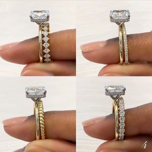 four different wedding band pairing photos grid layout
